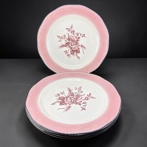 Wood & Sons England Pink Rose Dishes Plates Set of 5 Scalloped‎ Edge 10.5 Inch